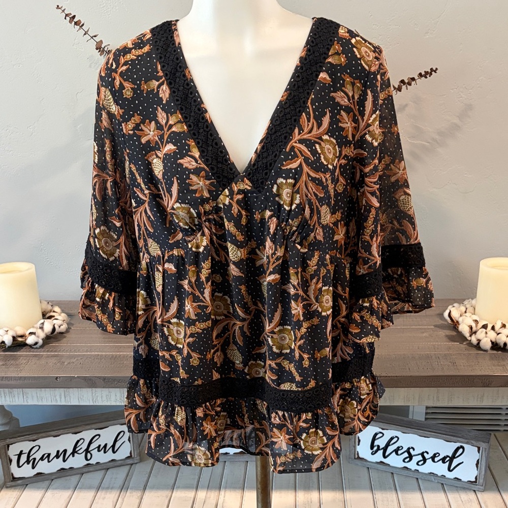 Black Floral V-Neck Ruffled Peasant Tunic